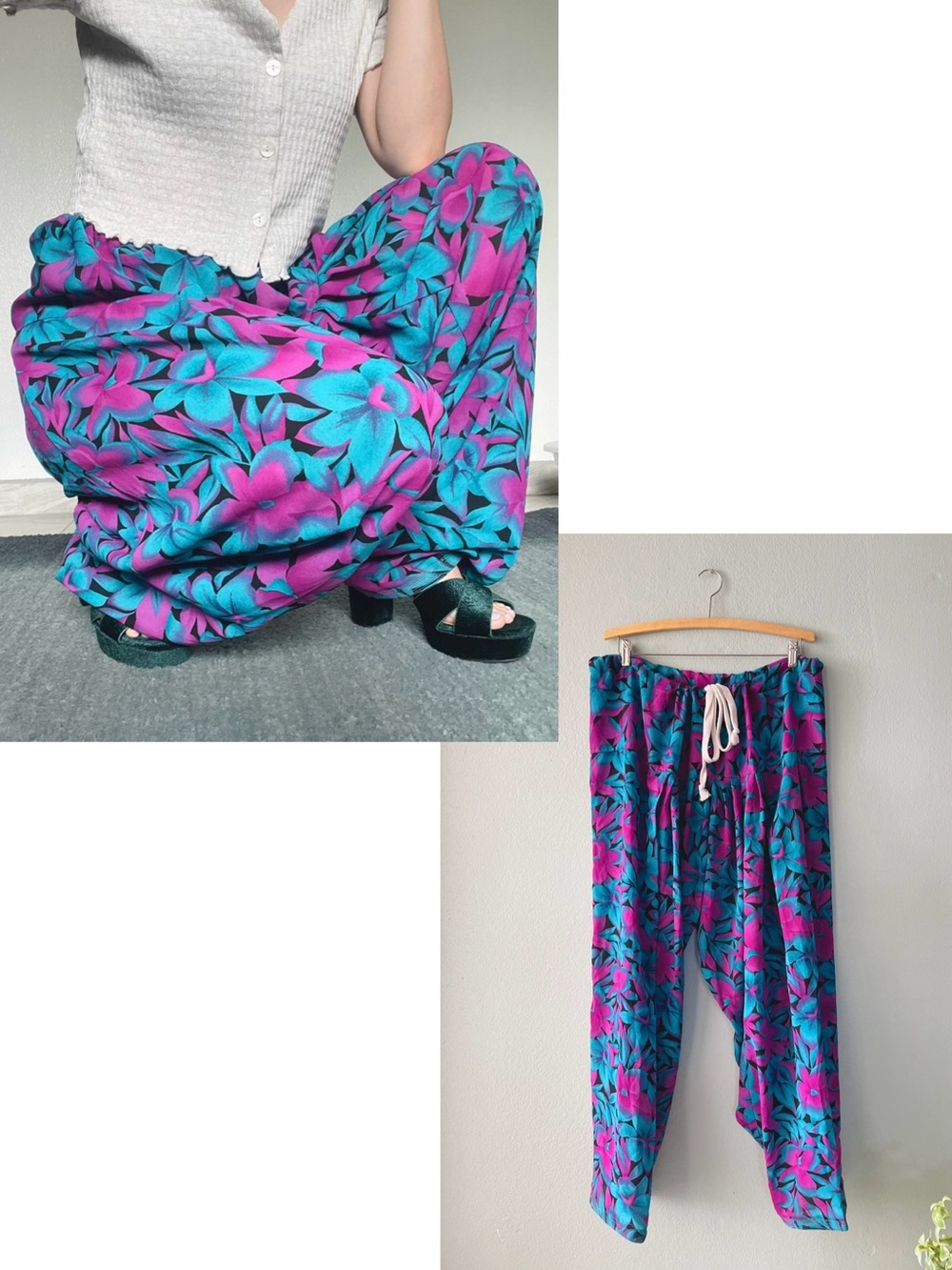 Handmade | Vintage Rare Sheer Neon Floral Baggy Parachute Pants OSFM